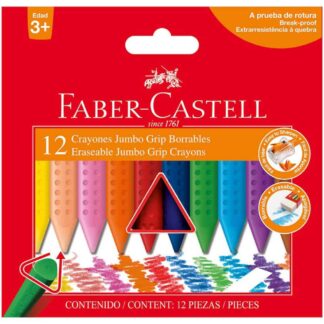 Crayones Jumbo Grip Borrables Faber-Castell, Triangulares, Caja de 12 Colores